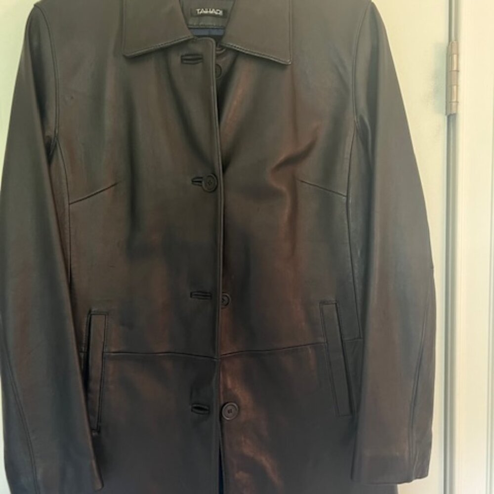 WomensTahari Black Leather Coat Jacket Size Small Barely Worn